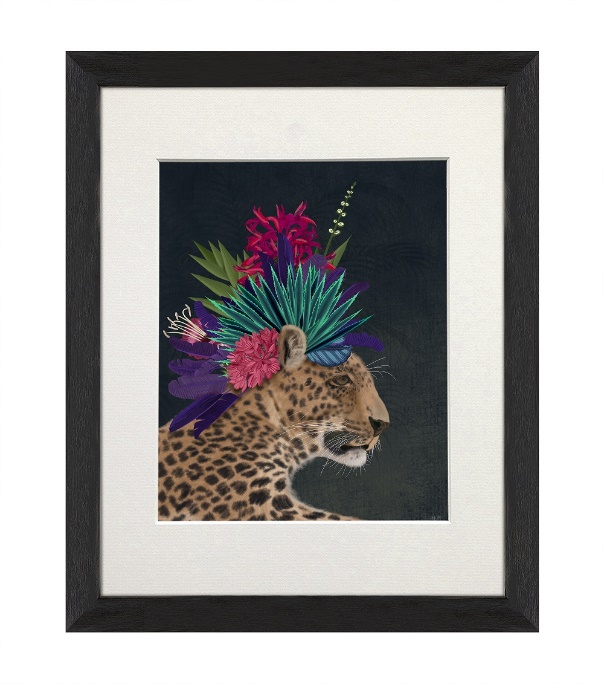 A leopard with flowers on head Description automatically generated